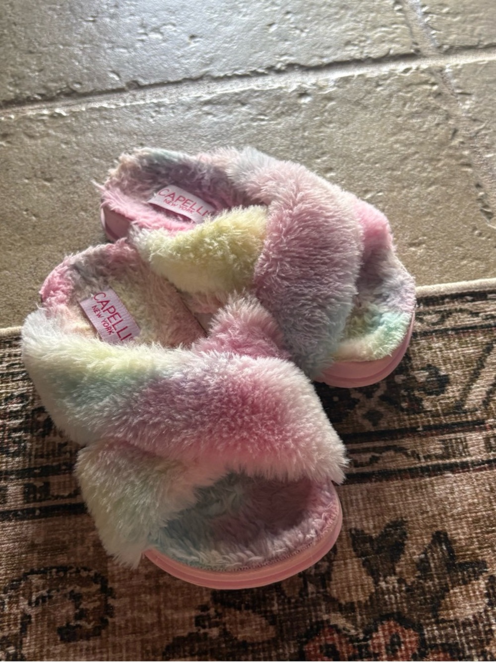 Capelli of New York Pastel Multicolor Fuzzy Slide Slippers - Pink Base